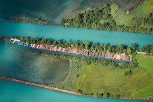 Boathouses at the Aare, Unterseen, Thunersee, Aare, Weissenau, Interlaken, Canton Bern, the Bernese Oberland, aerial picture, nature form, reed shore, Switzerland Boathouses at the Aare, Unterseen, Thunersee, Aare, Weissenau, Interlaken, Canton Bern, the Bernese Oberland, aerial picture, nature form, reed shore, Switzerland